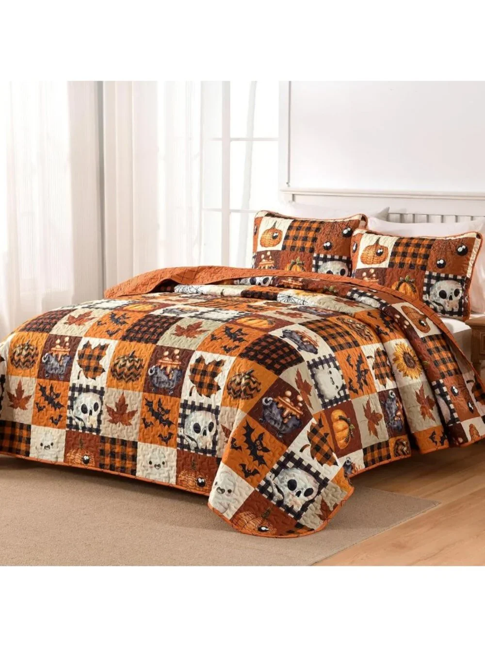 Orange Halloween Queen Quilt Bedding Set - Cartoon Plaid Bedspread for Cozy